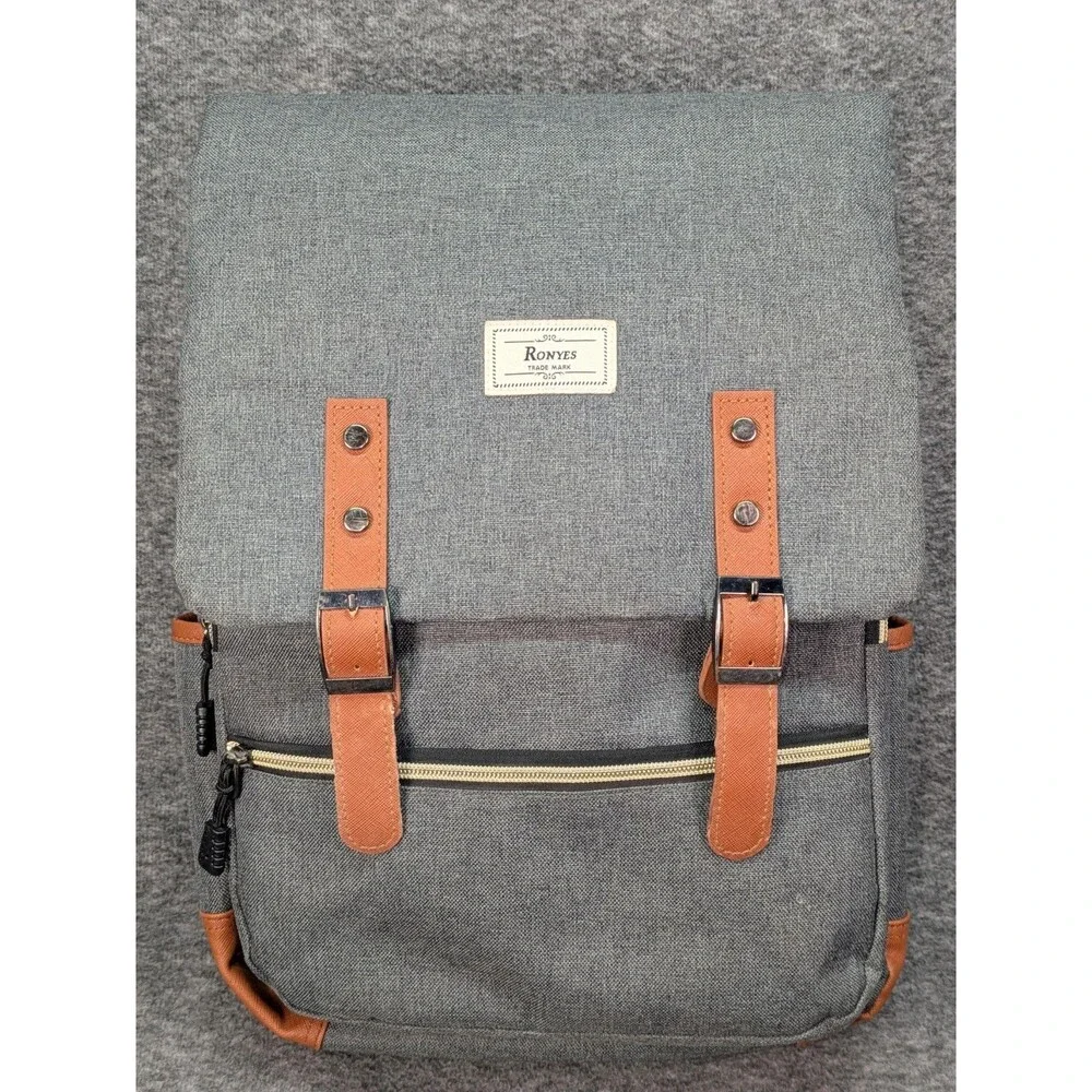 Ronyes Canvas Laptop Backpack Gray Brown USB Charging Travel School Bag